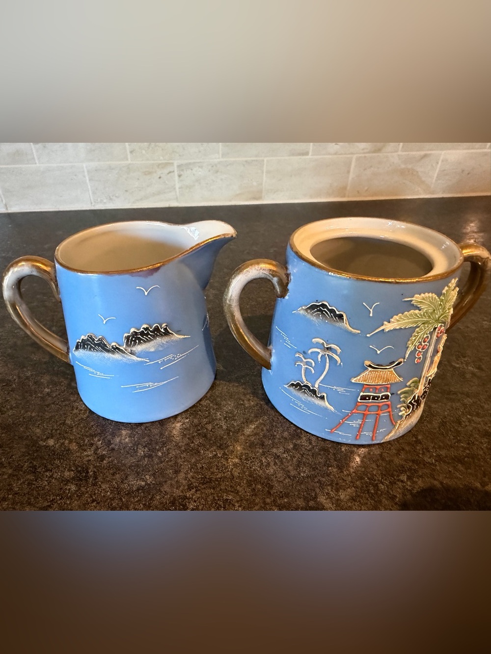 8 pieces - Blue Ceramic Coastal Pitcher and Sugar Bowl Set